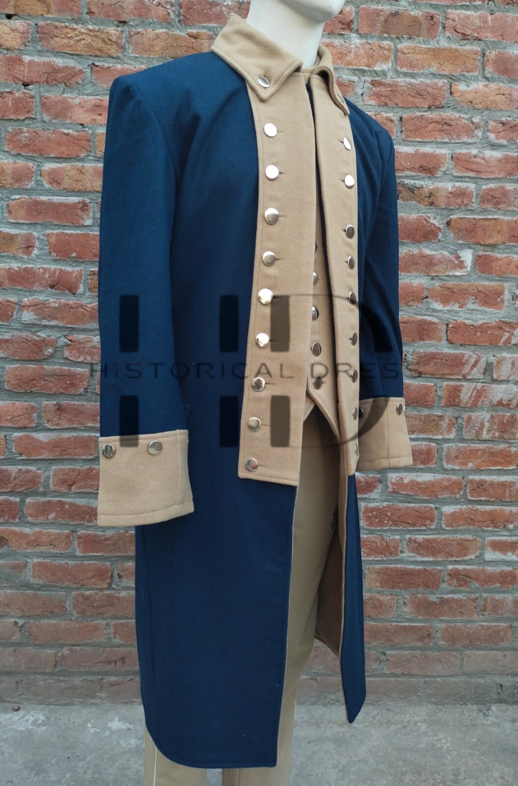 Revolutionary War Uniform Officer Regimental Navy Blue Men's American Coat+Waist