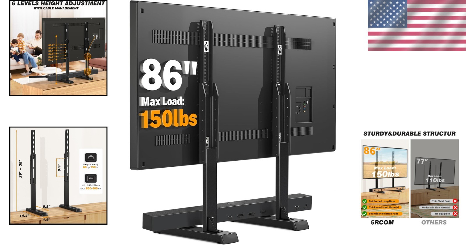 Large TV Stand for 37 86 Inch Flat Curved TVs Cable Management Height adjustable