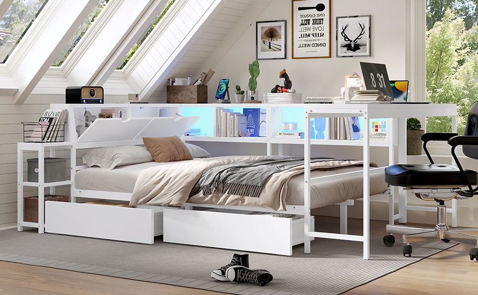 Corner Bed Frame Full Size with Bookcase and 2 Underbed Storage Drawers, Moder