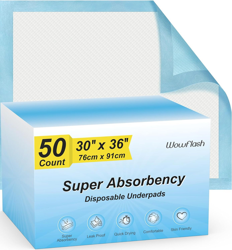 50 Count 30” X 36” Super Absorbency Disposable Underpads, Leakproof Quick Drying