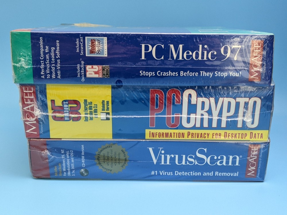 McAfee 3 Pack VirusScan, PC Crypto, PC Medic 97: CD 3.5” Software / VTG 1997 NEW