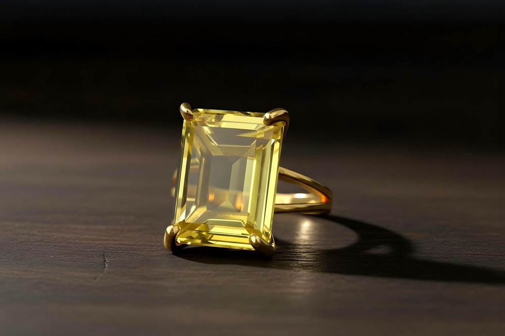 Lemon Quartz Ring Anemone 14k Gold Filled Emerald Cut Rectangle Stone