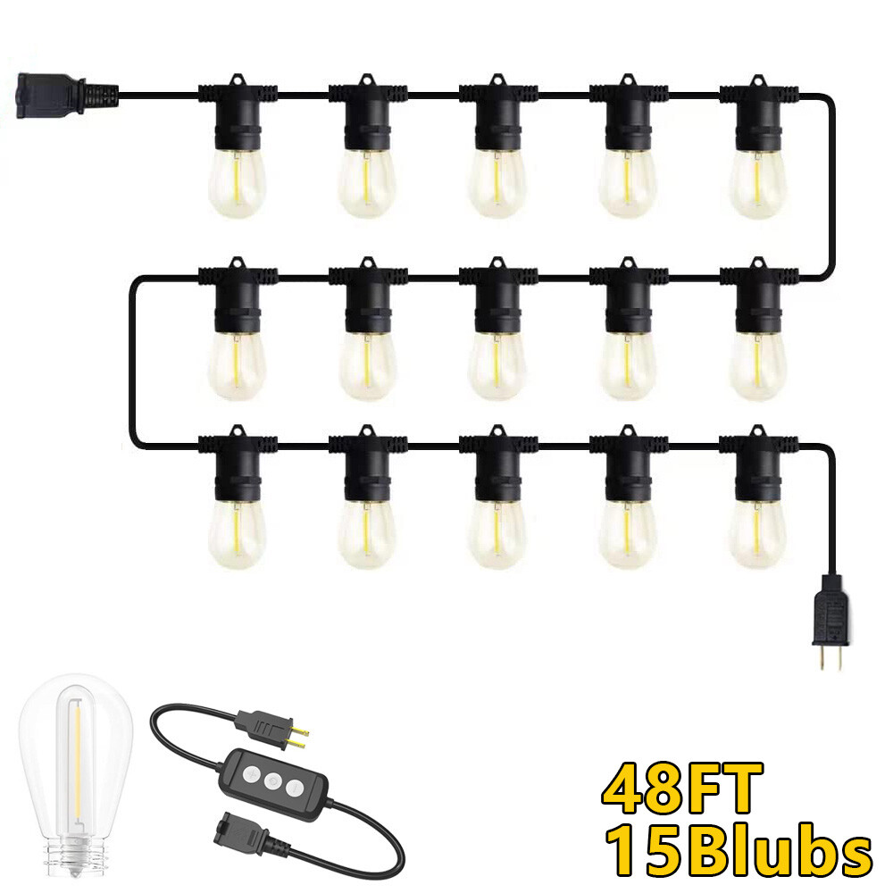 48 FT Outdoor String Lights Commercial Grade Weatherproof 15 bulb Heavy Duty US