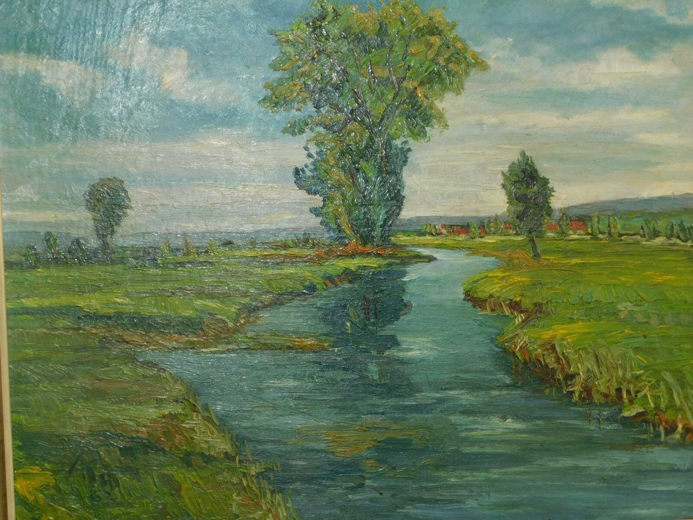 Impressionistische Landschaft mit Bach monogrammiert!