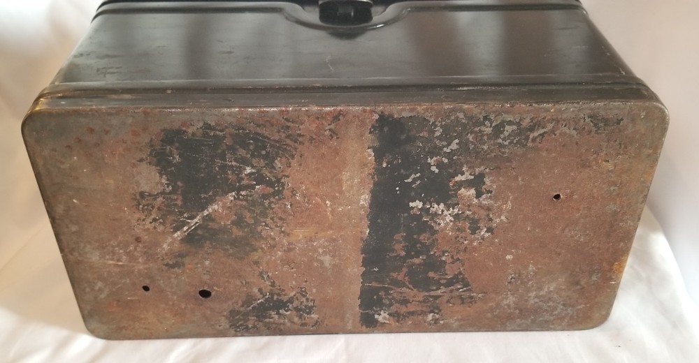 Antique Black Metal Hinged Tool Storage Box 12"