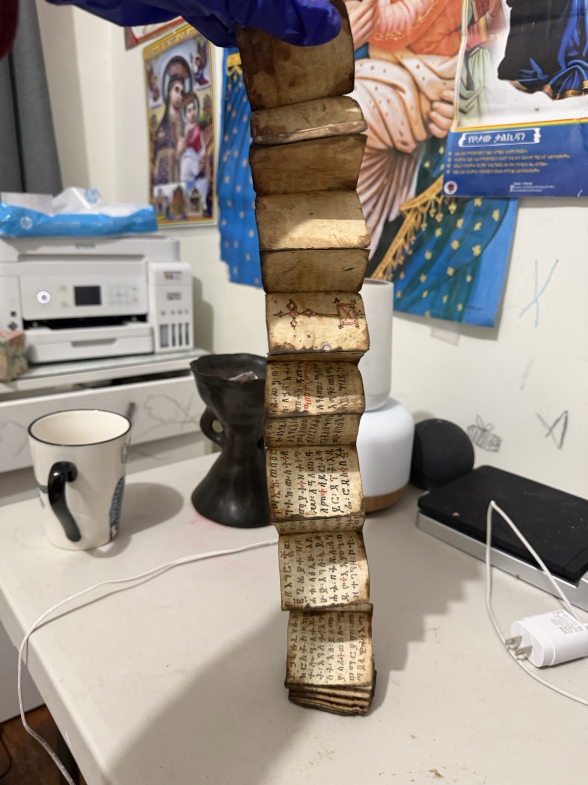 Antique Mini Scroll Ethiopian Bible – Ge’ez Script on Vellum Hand Written