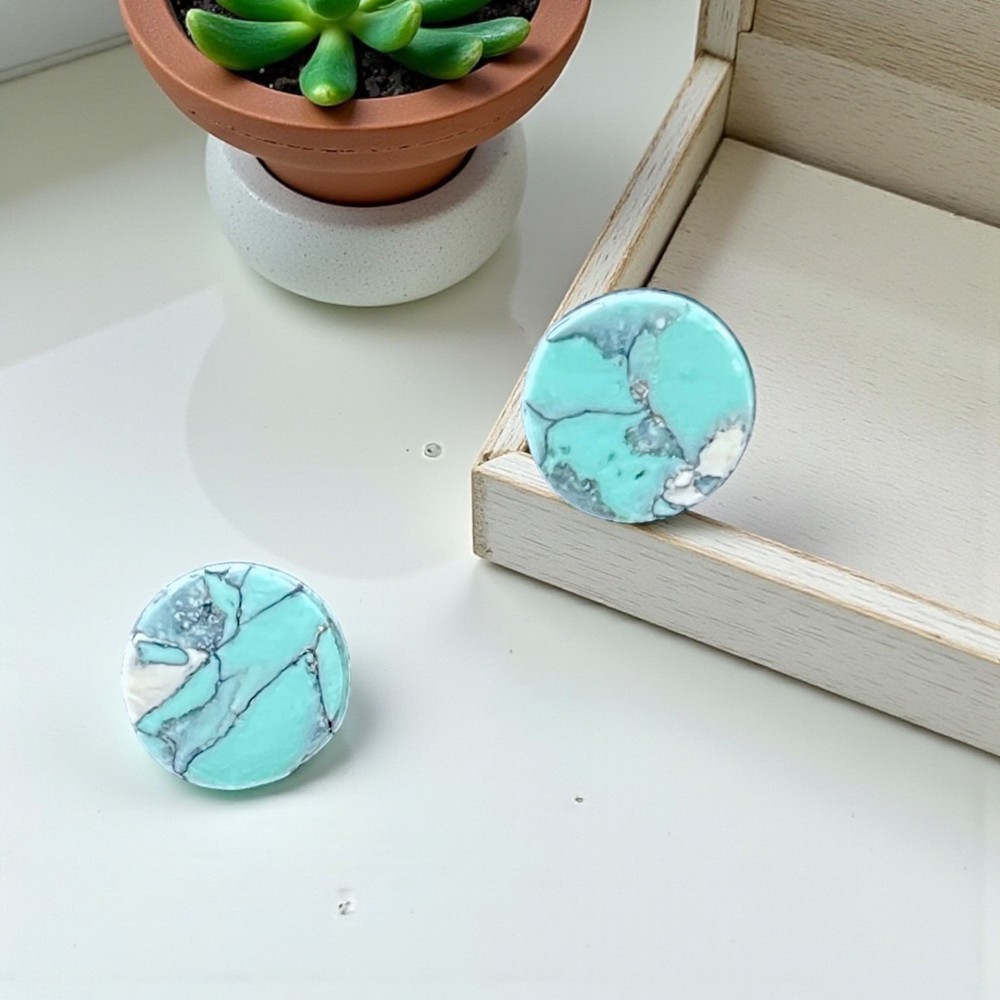 Marbled Turquoise Circular Polymer Clay Stud Earring