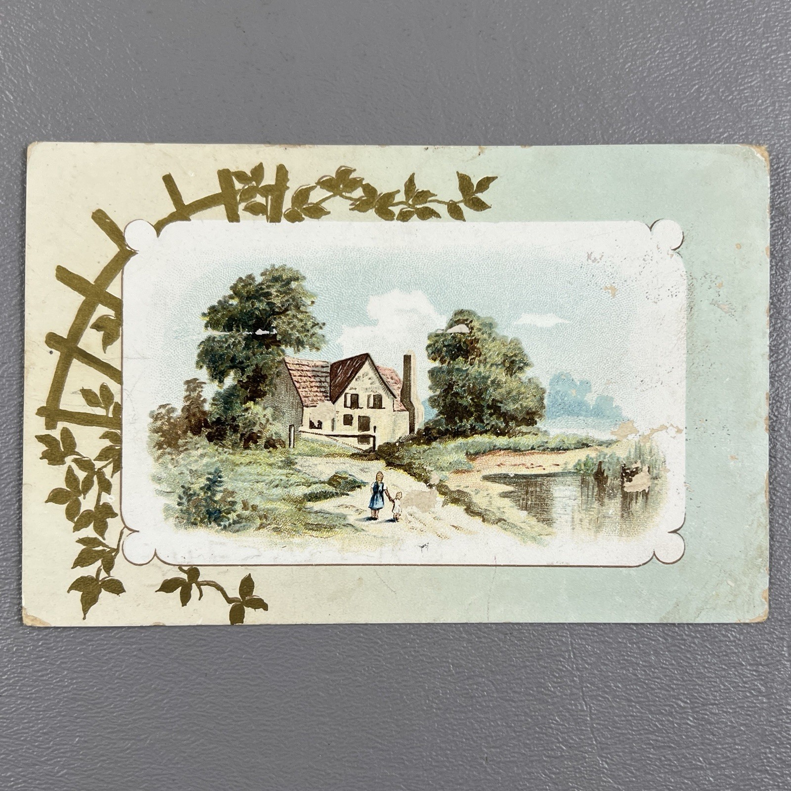 Victorian Trade Card Cottage Chimney Lake Trees Mother Child Serene
