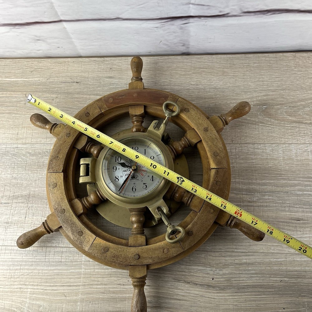 Ship Wheel Porthole Clock 18" Solid Wood & Brass Nautical Decor