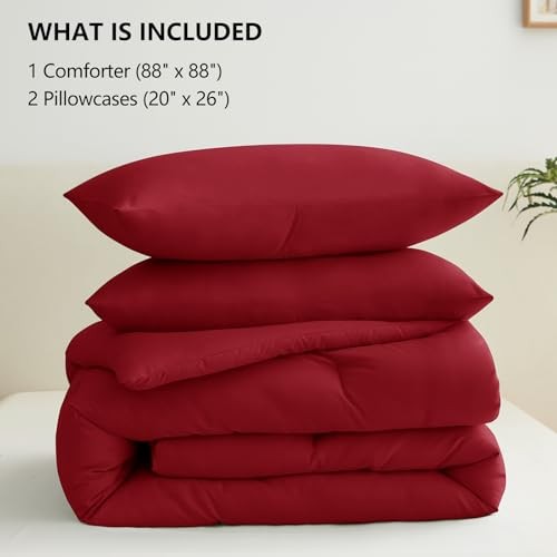 Comforter Set 3 Pieces Solid Comforters Size Breathable Quilted Queen Dark Red