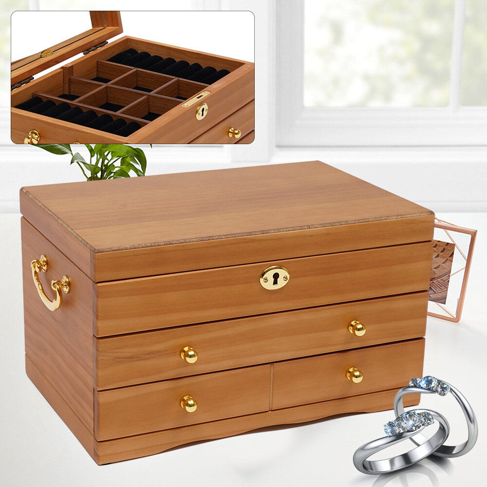 3 Layers Jewelry Storage Box+Mirror+Lock Multi-function Jewelry Box Gift Present