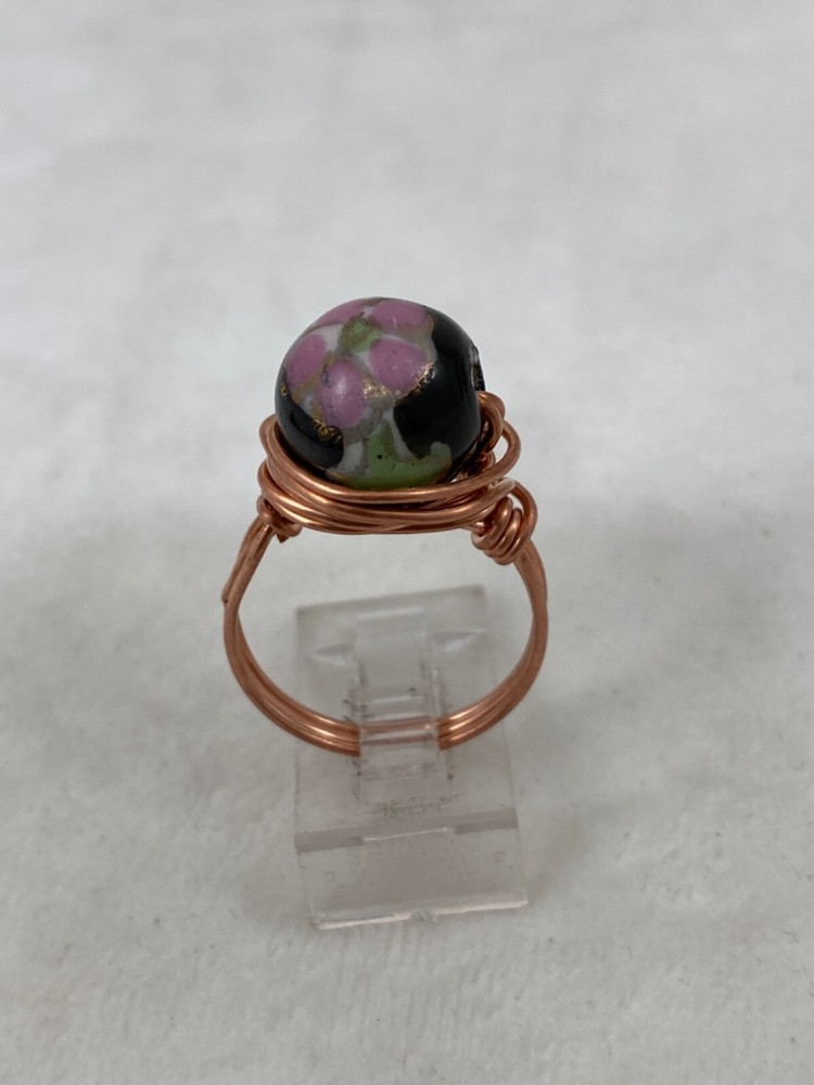 Handmade ~ Copper Wire Wrap ~ Glass Bead Ring 8 Size #203