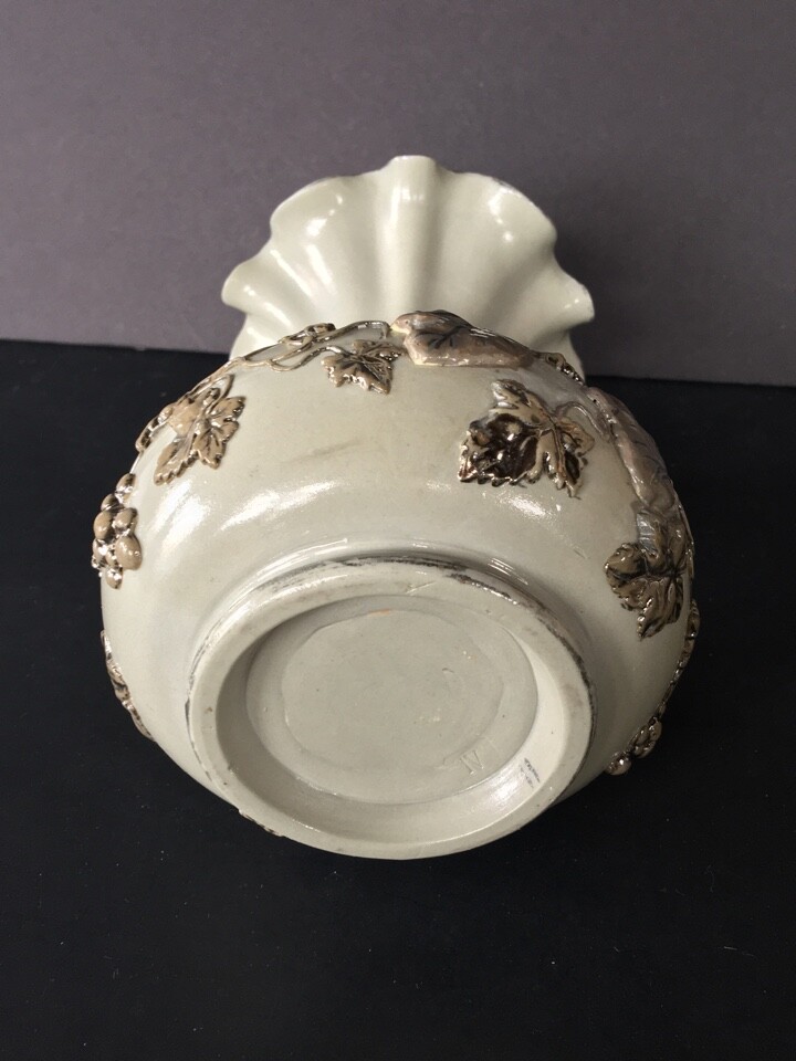 ANTIQUE LUSTERWARE APPLIED GRAPES VINES PORCELAIN VASE