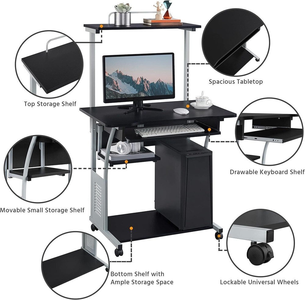 3 Tiers Mobile Computer Desk w/Printer Shelf & Keyboard Tray Rolling Study Desk