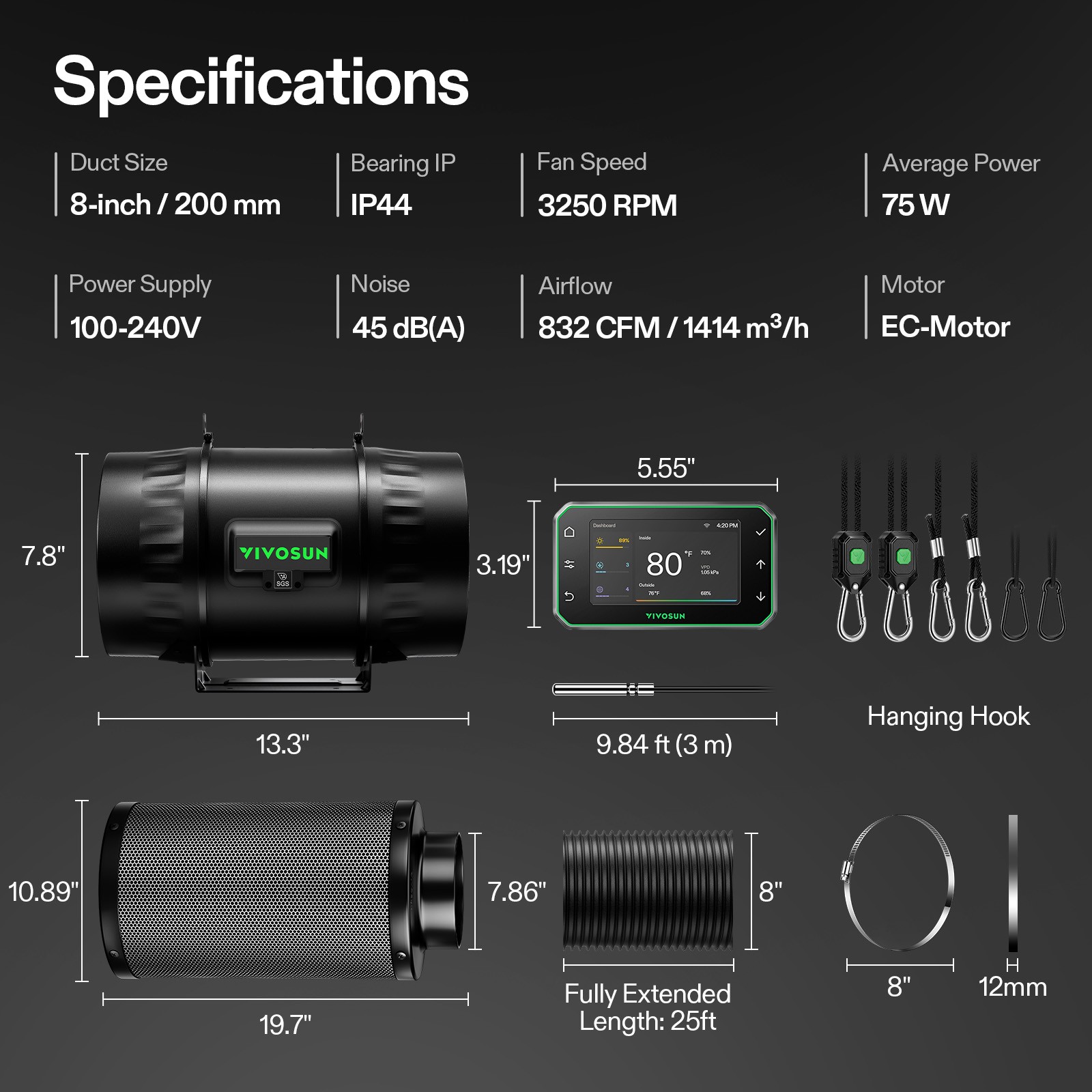 VIVOSUN Smart Air Filtration PRO Kit T8 Inline Ducting Fan Filter E42A+ Growhub