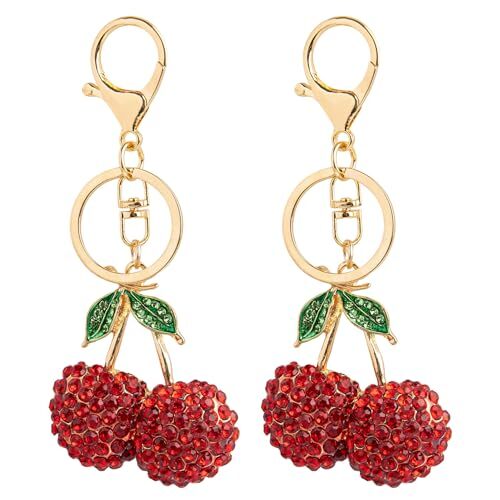 Framendino, 2 Pack Cherry Keychains Rhinestone Cherry Key Chain Crystal