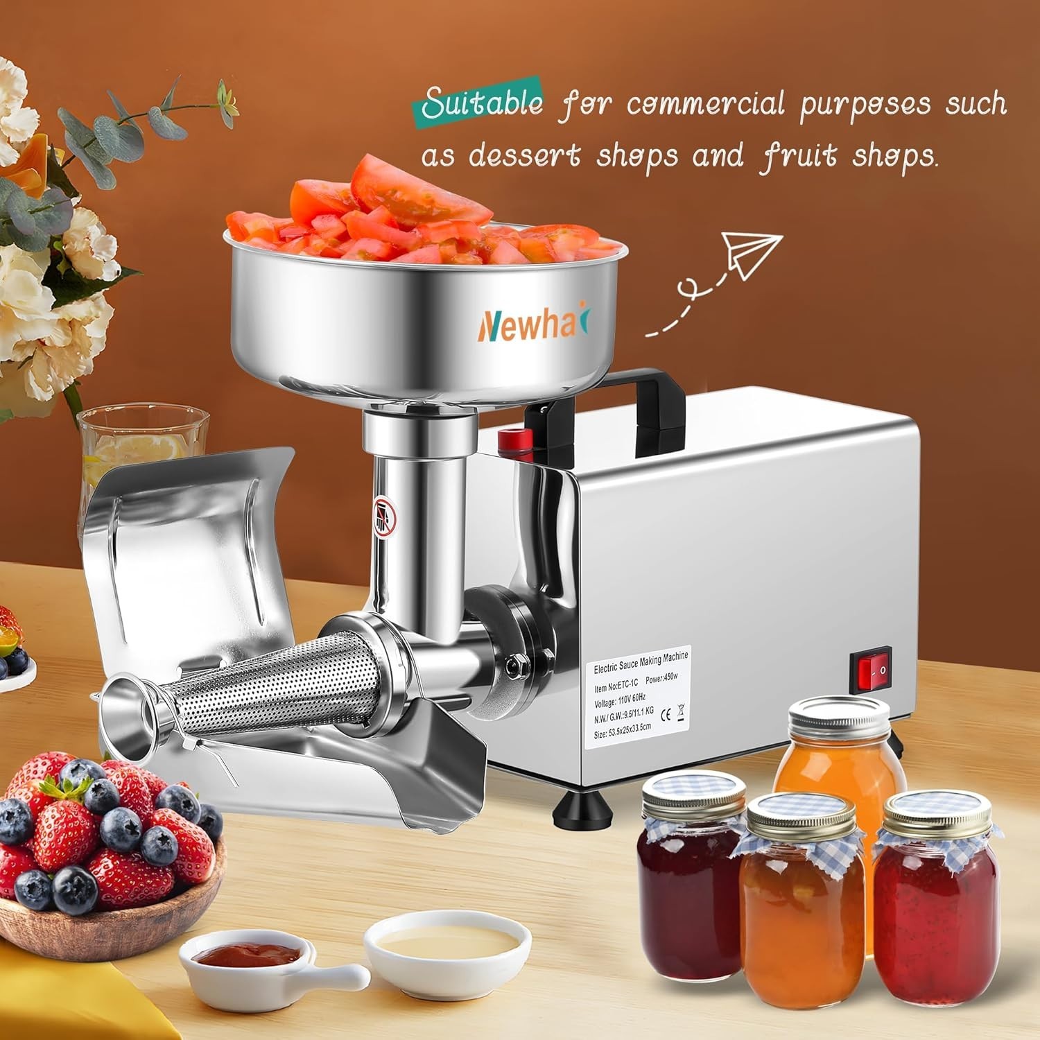 Newhai 450W Electric Tomato Strainer Commercial Sauce Maker Stainless Steel