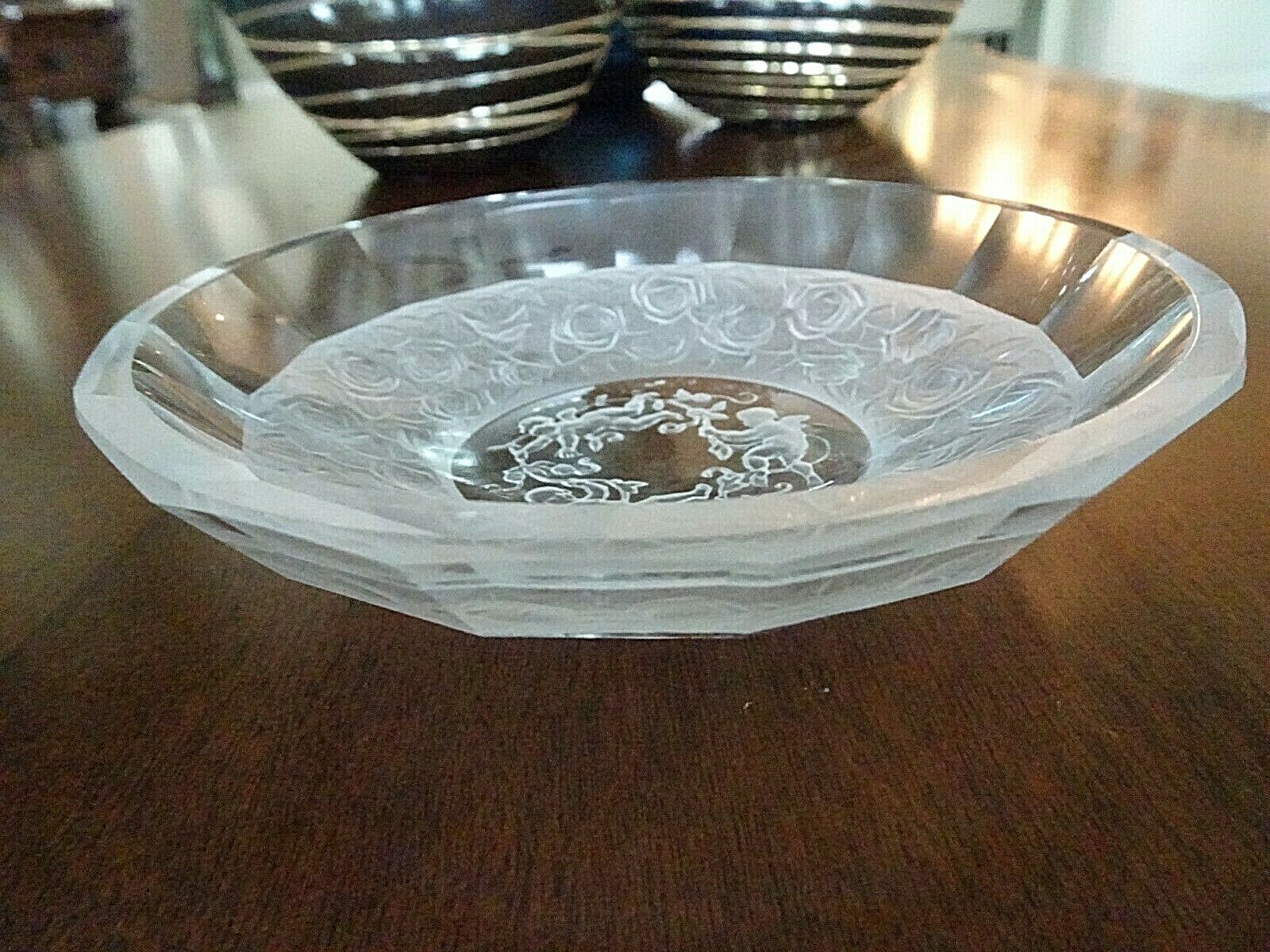 1930's Hoffman Bohemian Art Glass Crystal Frosted CHERUB & Roses Trinket Dish