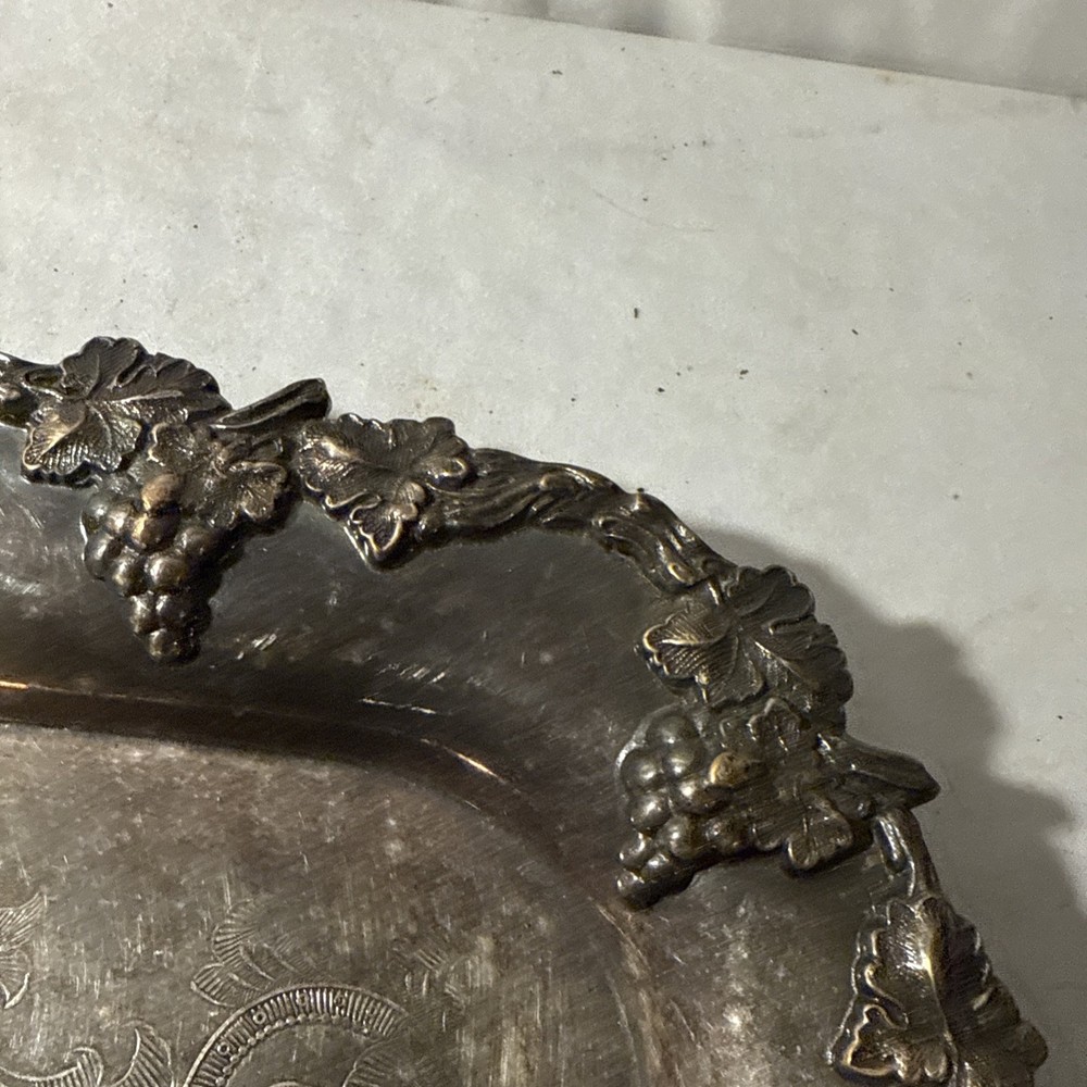 Antique SHEFFIELD Silver On Copper Handled Serving Tray Grapevine Ornate Large