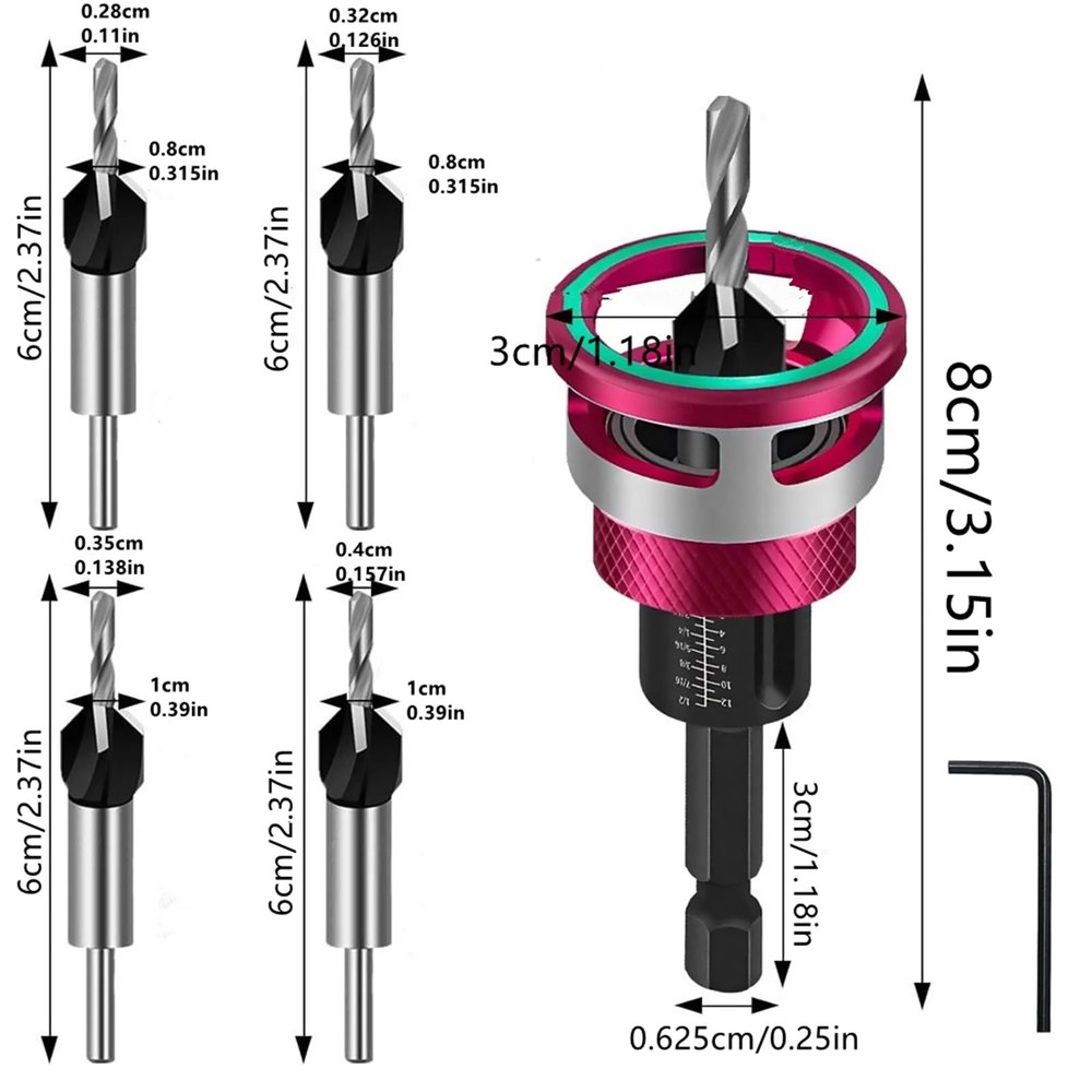6PCS Adjustable Depth Stop Drill Bit Set for Countersinking Wood Screws Holes