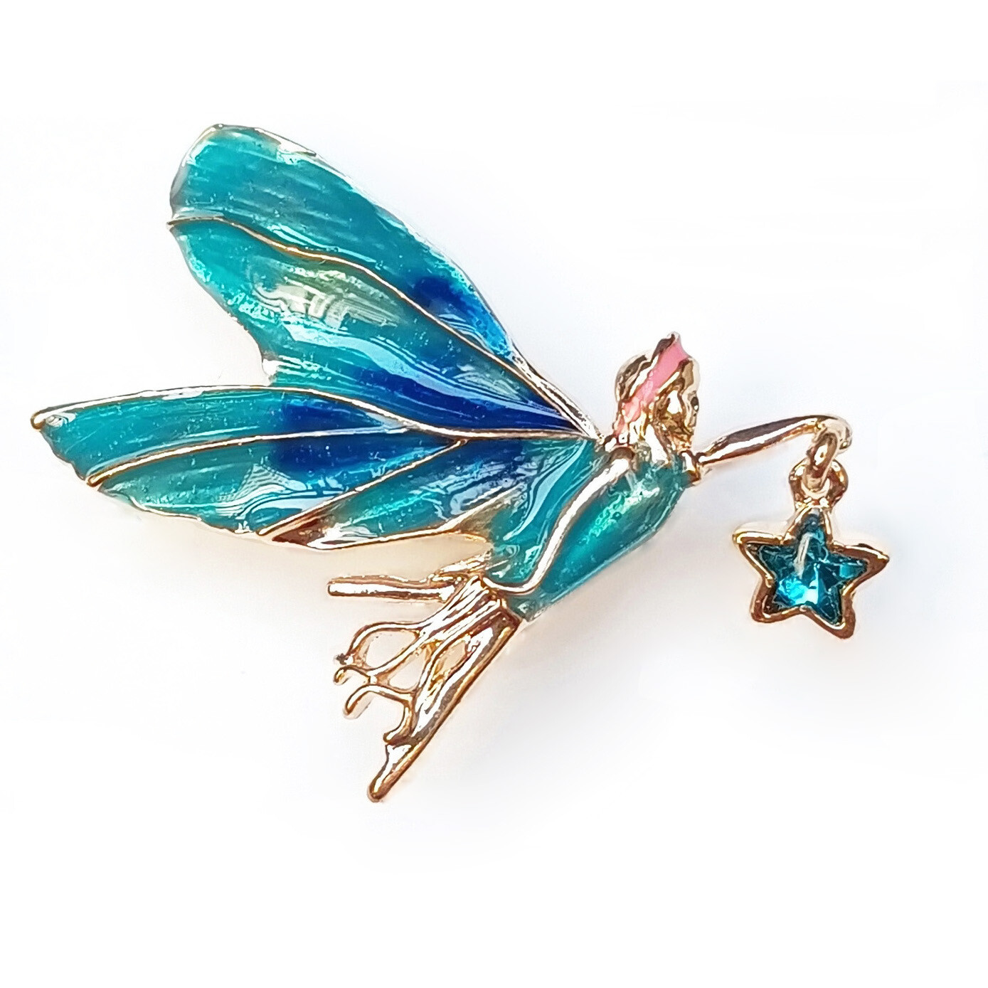 Brooch Green Gold Lily of The Valley Pearl Flower Blue Fairy Angel Fairytale Pin