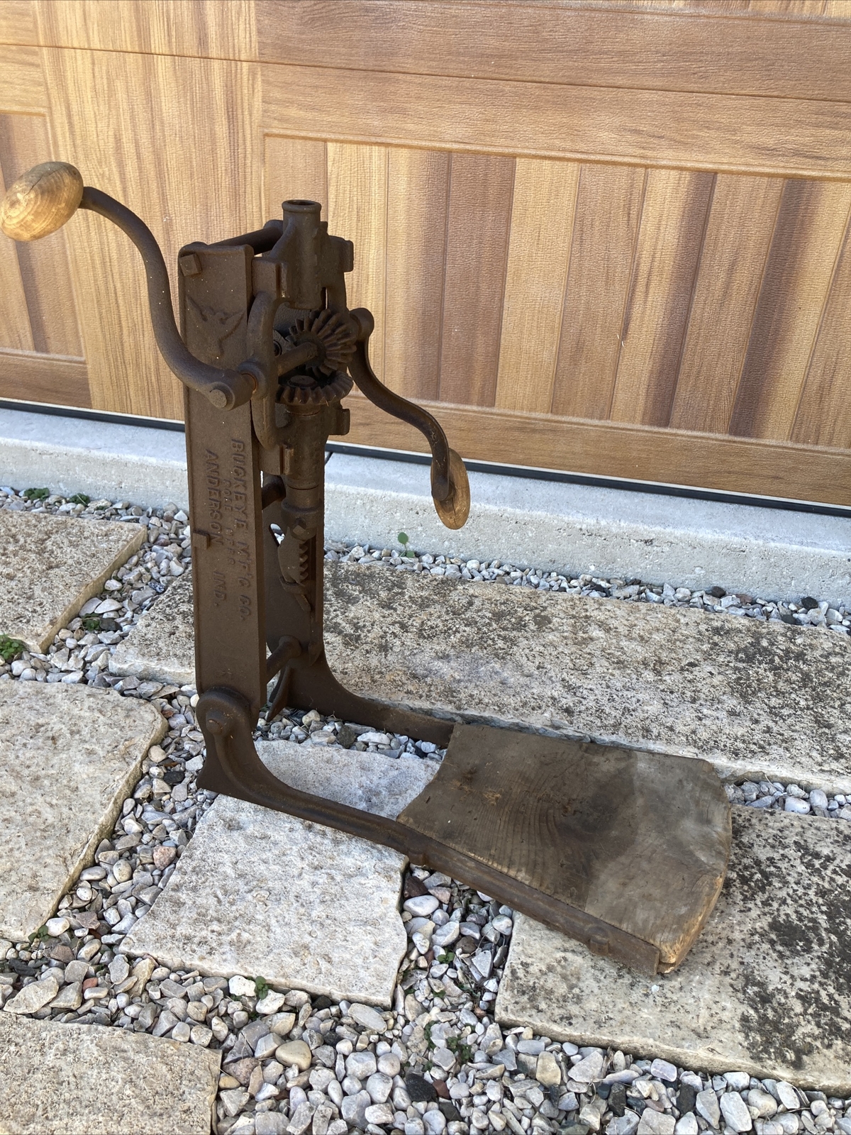 Antique Buckeye Boss Barn Beam Auger Drill Wood Cast Iron Anderson Indiana