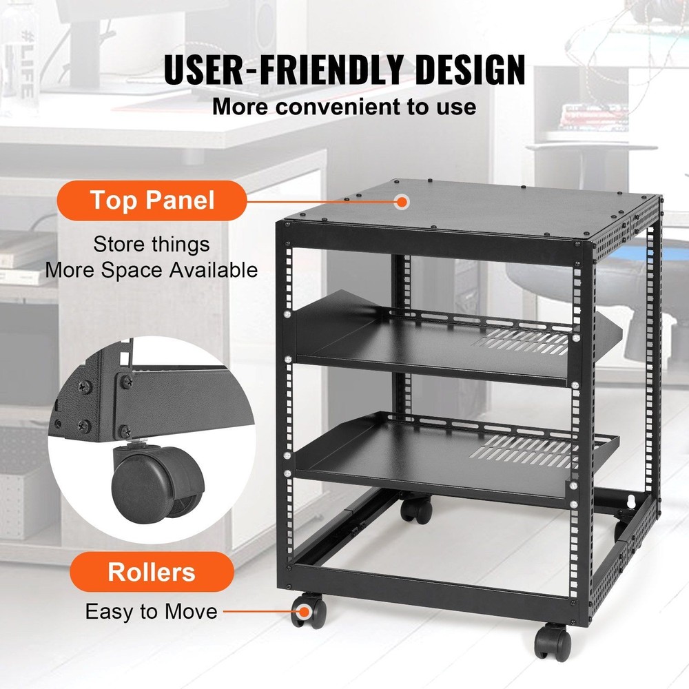 12U 4-Post Open Frame Server Rack 15-40in Adjustable Depth with Casters