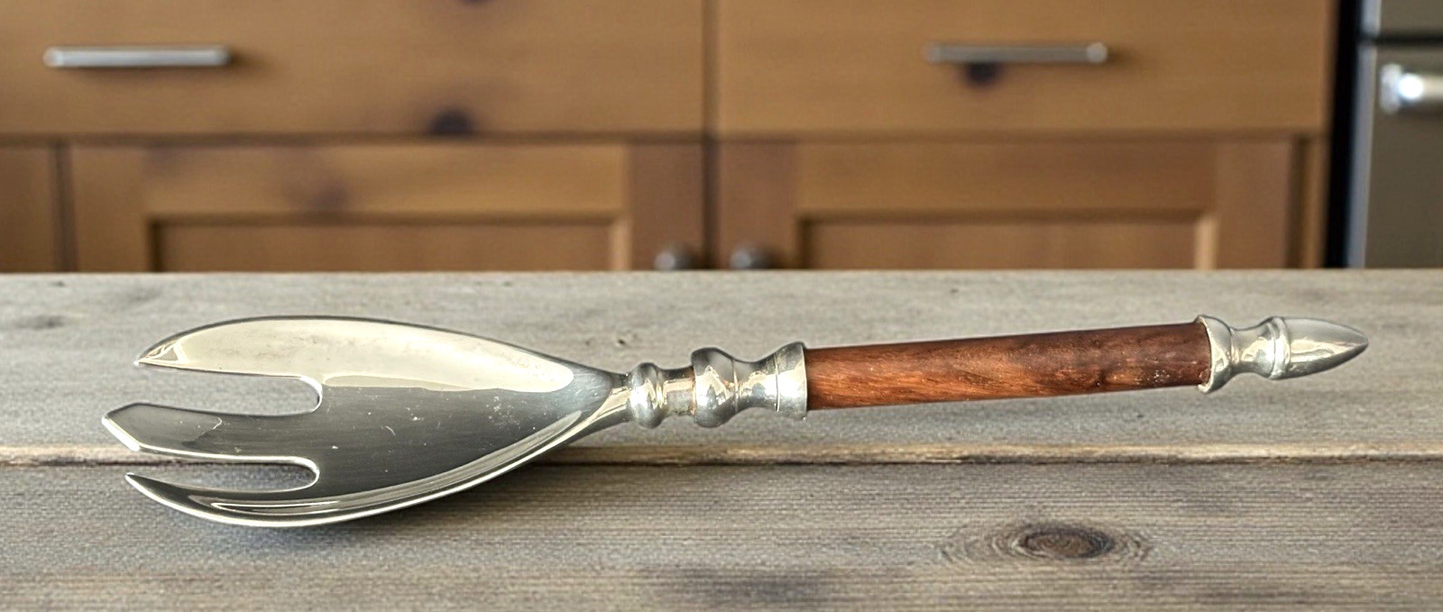 Large Silver-plated Serving Fork with Wooden Handle and Silver Finial Vintage