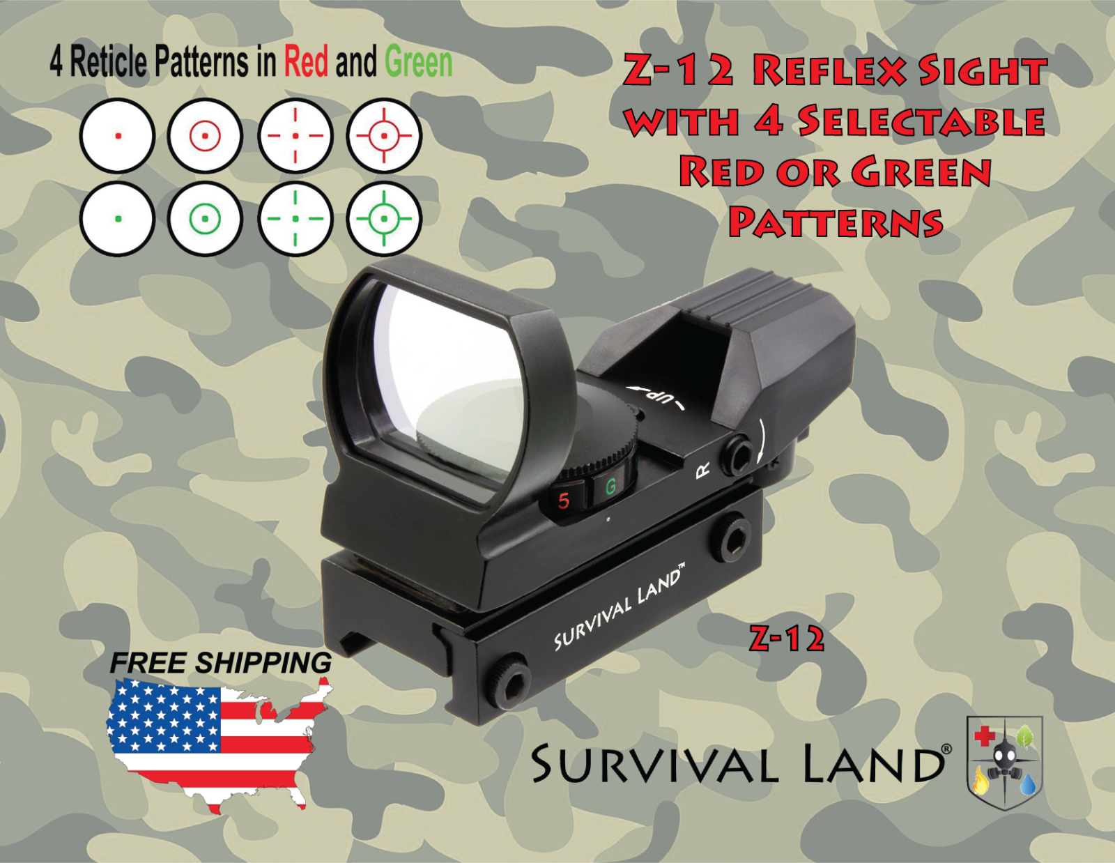 Survival Land Reflex Sight with 4 Selectable Red or Green Patterns