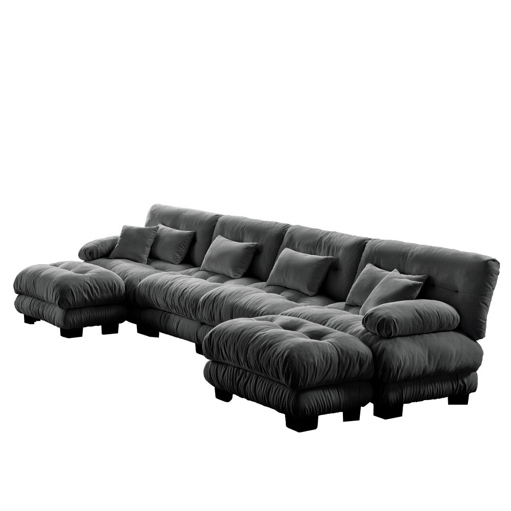 Gray Chenille Modular Sofa,4-Seater Cloud Couch + 2 Ottomans,Free Combination