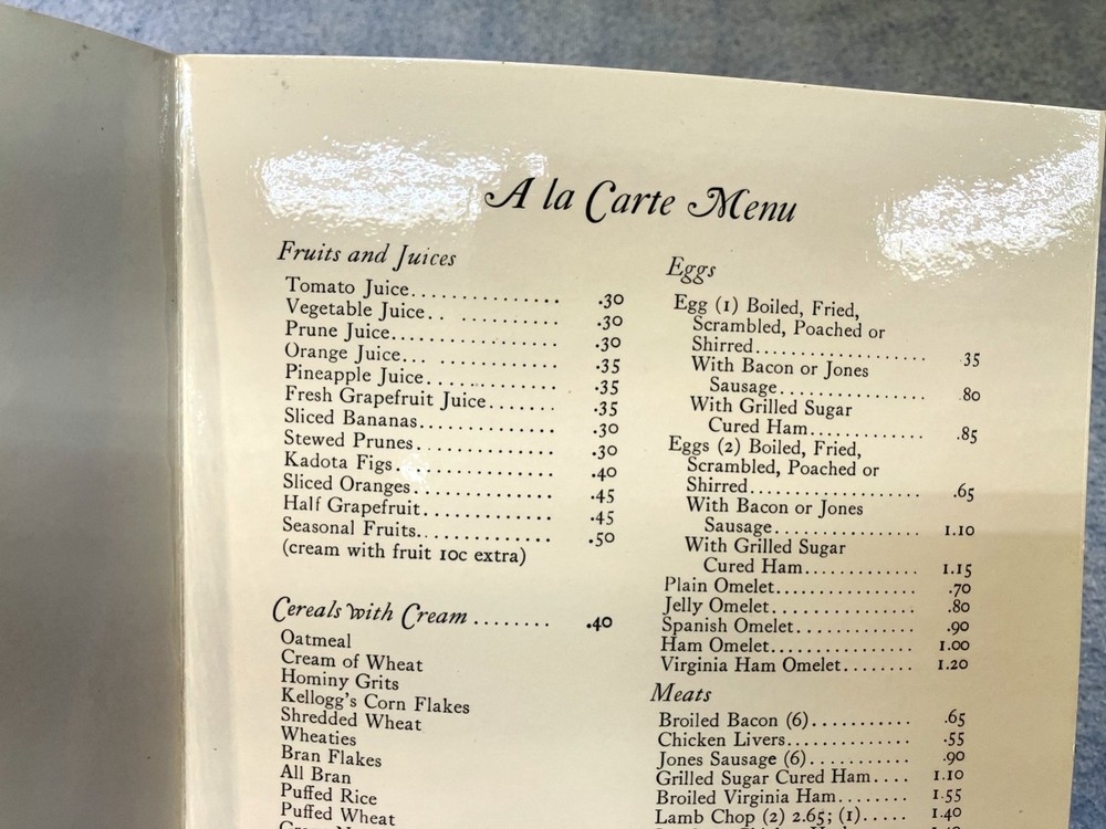 Menu Williamsburg Inn, Williamsburg Virginia