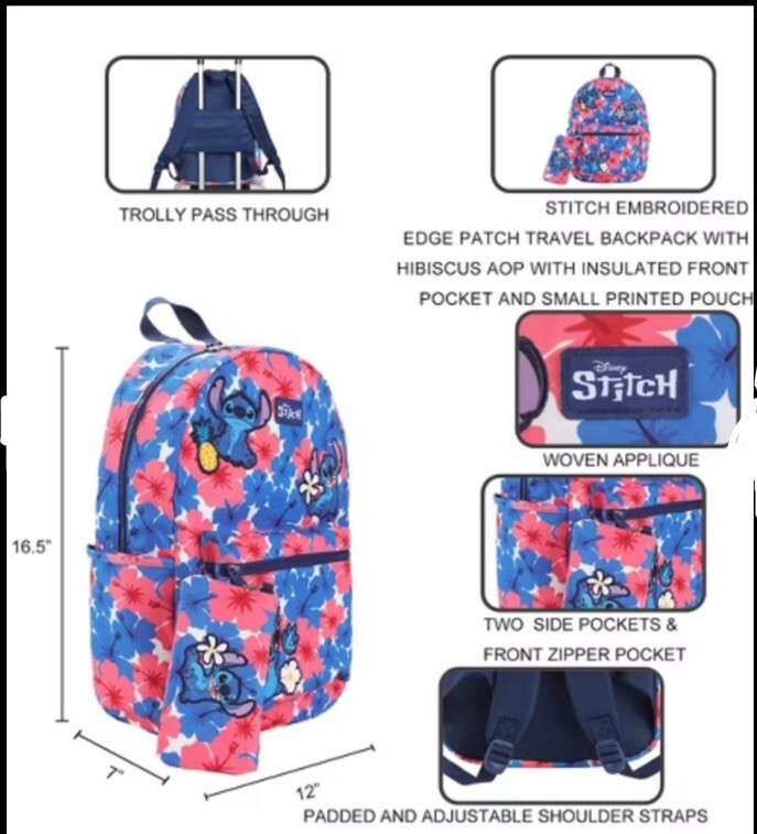 NEW Disney Stitch 2 Pc Travel Set Backpack + Insulated Pouch • Hibiscus AOP