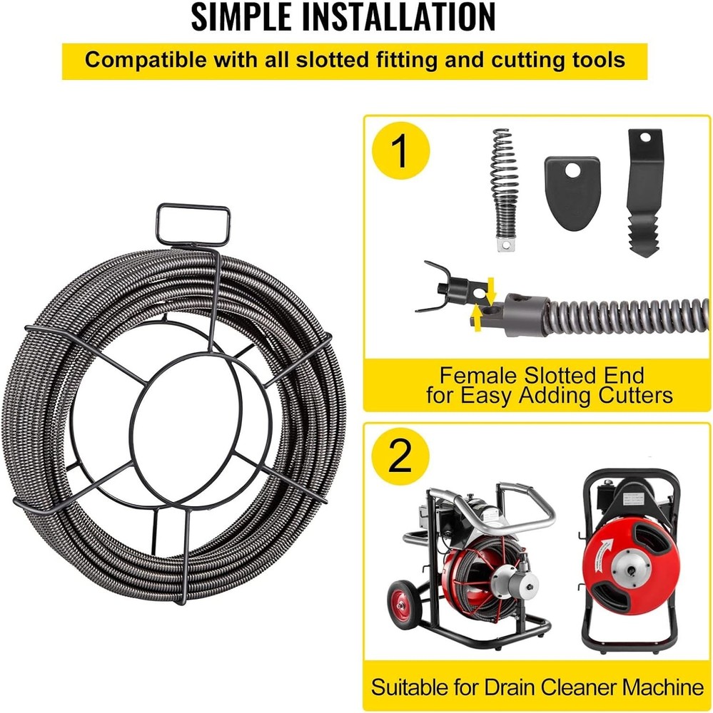 Drain Cleaning Cable 75ft x 3/8 inch Solid Core Cable Sewer Cable, Drain Auge...