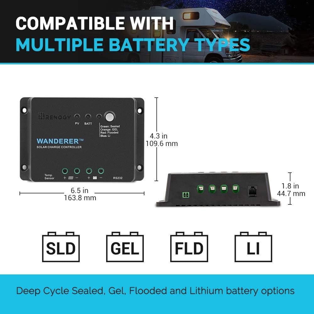 Wanderer Li 30A Negative Ground Solar Controller with Real-Time Bluetooth Alerts