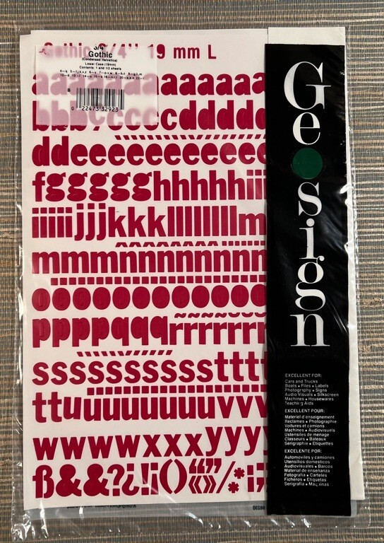 Geosign Red Gothic 3/4 Inch Vinyl Lower Case Letters Self Stick 19mm