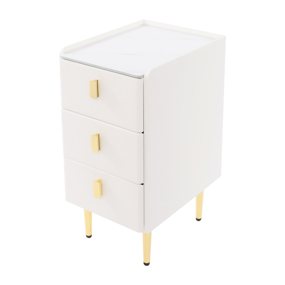 3 Drawer Narrow Side Table - Leather & Wood, Titanium-plated, Rectangular Modern