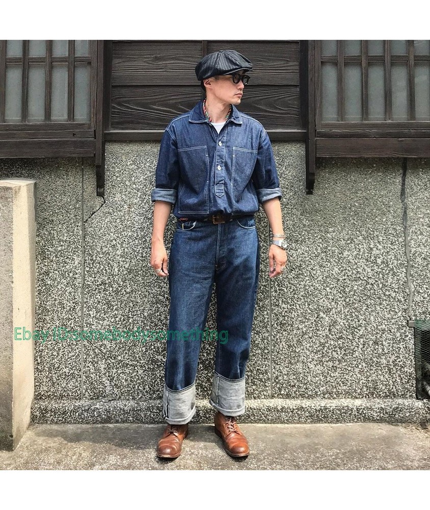 Vintage Mens Spring Summer Blue Denim Work Uniforms Loose Pullover Shirts Jacket
