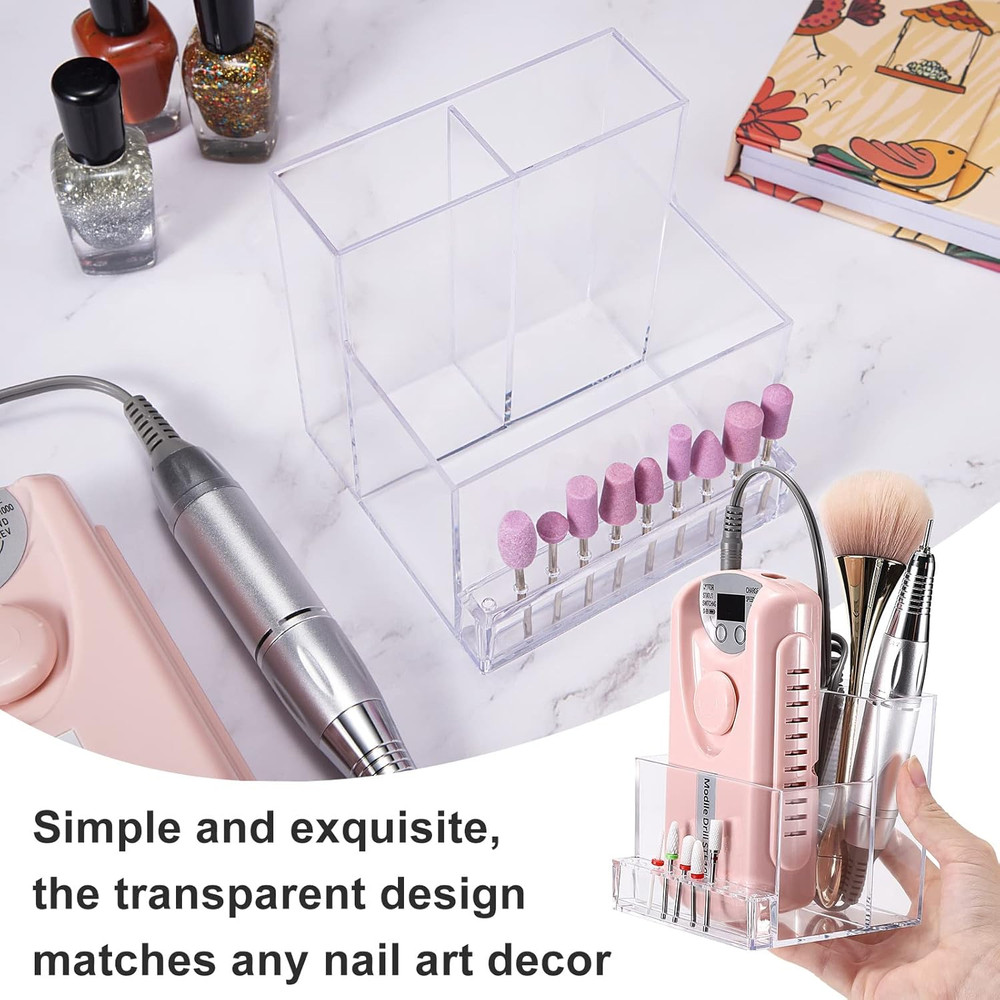 10 Holes Mini Nail Drill Machine & Bits Storage Box Transparent Nail Drill