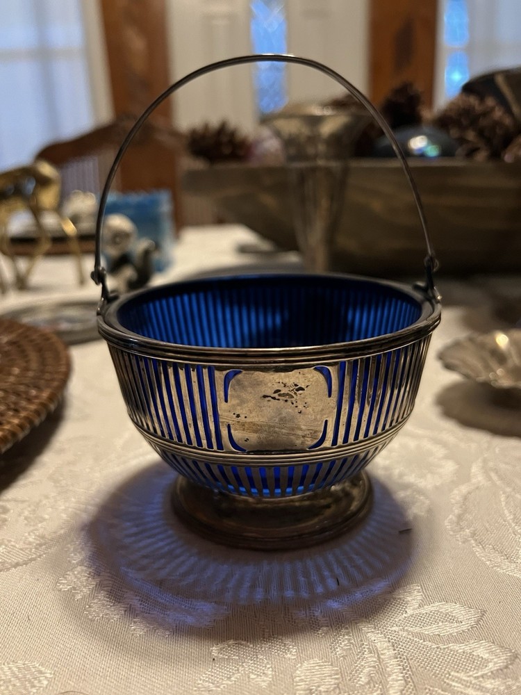 Small Solid Sterling Handled Basket With Cobalt Bowl Insert  80 Grams