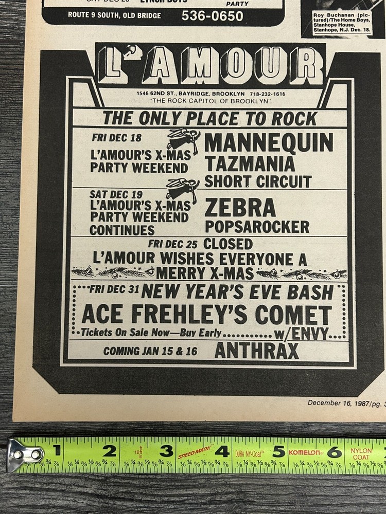 ACE FREHLEY Frehley's Comet Concert Ad Advert 12-31 1987 L'Amour NY Vintage Kiss