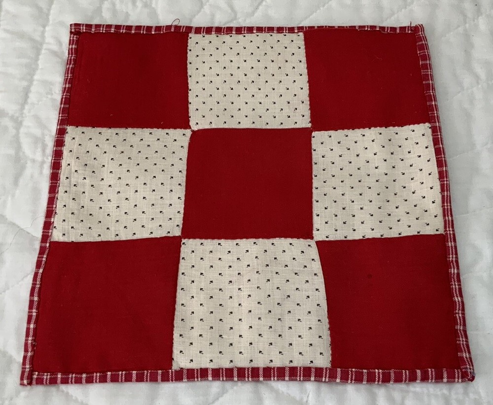 Vintage Antique Patchwork Table Topper, Nine Patch, Early Calicos, Red, White
