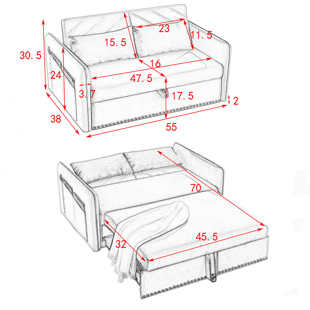 3-in-1 Sleeper Sofa Bed Adjustable sleeper with pull-out bed w/USB Port & Pillow