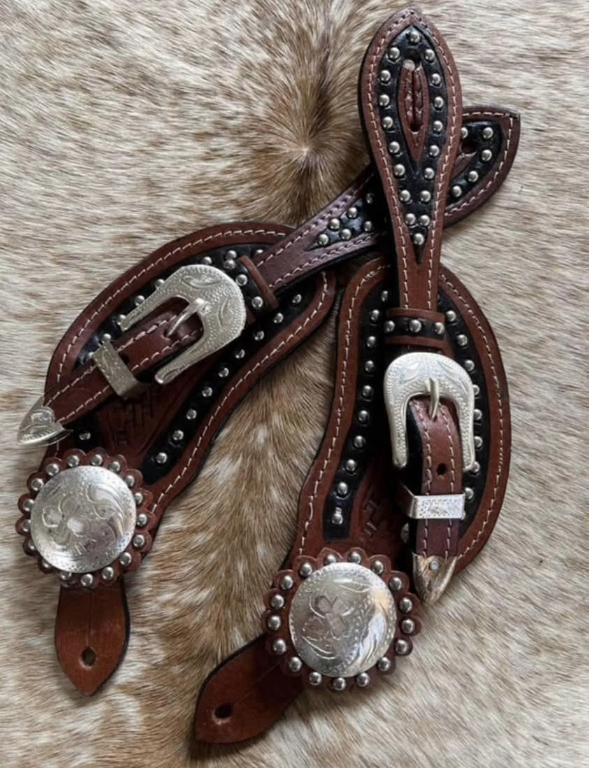 Adult Tooled Top Grain Leather Western PAIR Spur Straps Engraved Hardware