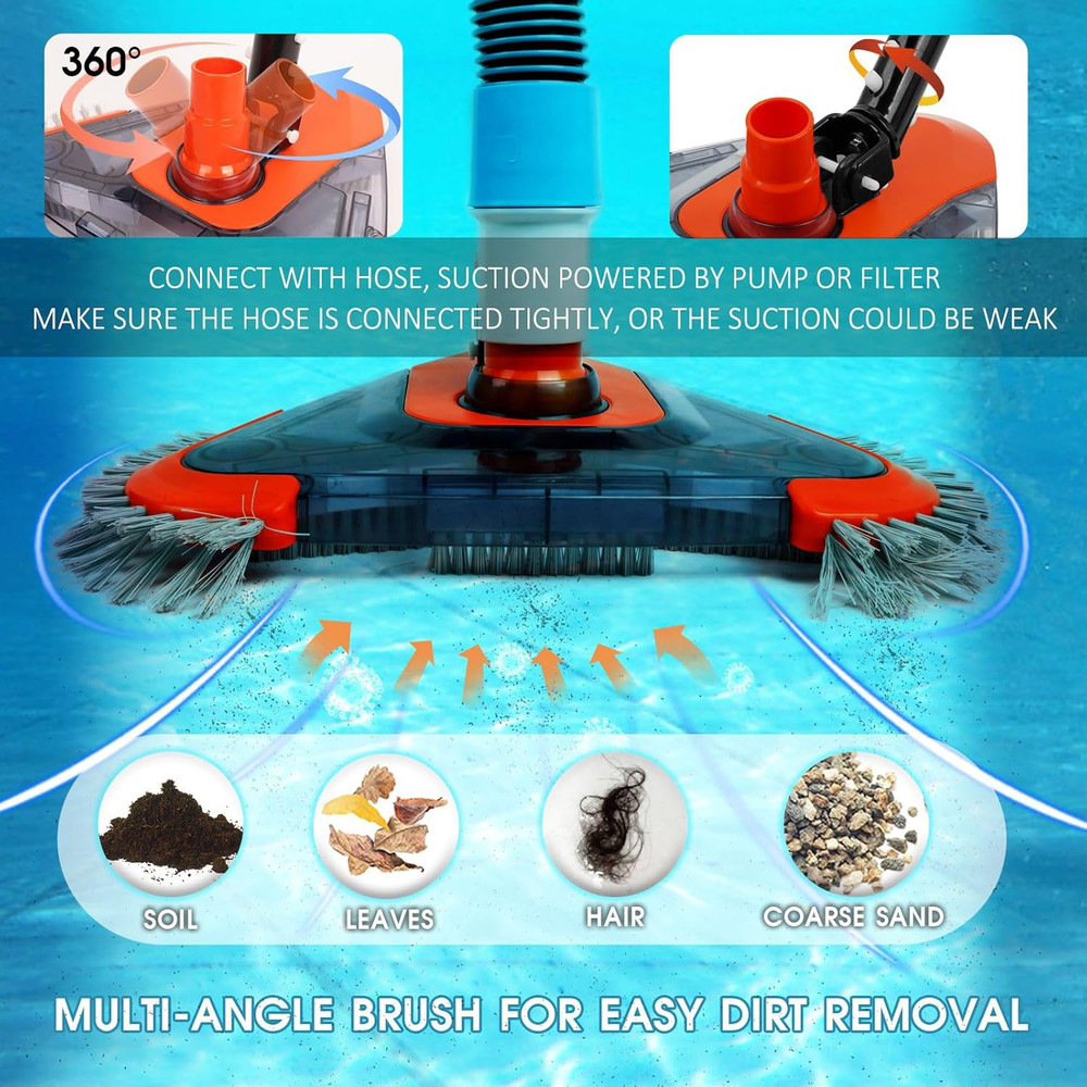 Pool Vacuum Head with Side Brush,Universal Steering Handle & Universal Rotatable