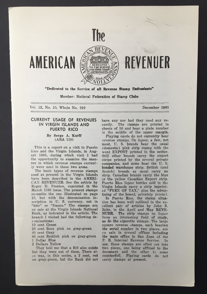The American Revenuer Volume 22 No. 10 Whole No 210 December 1968 Stamp Ephemera
