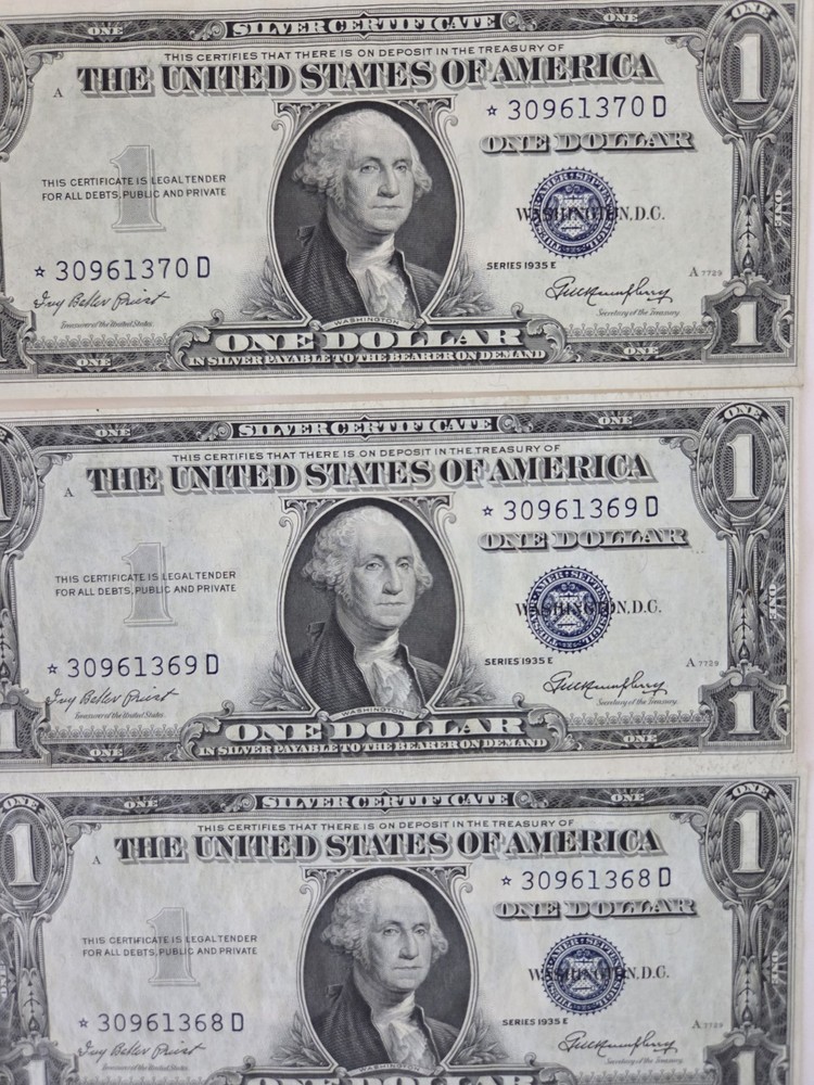 1935 Series E Silver Certificate Consecutive Star Notes 30961368 D* /69 D*/70 D*