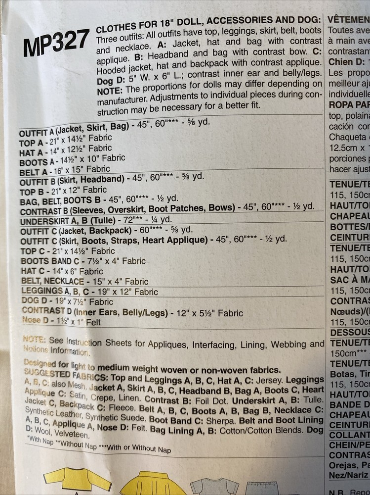 18” Doll Clothes & Accessories Sewing Pattern McCall’s MP327