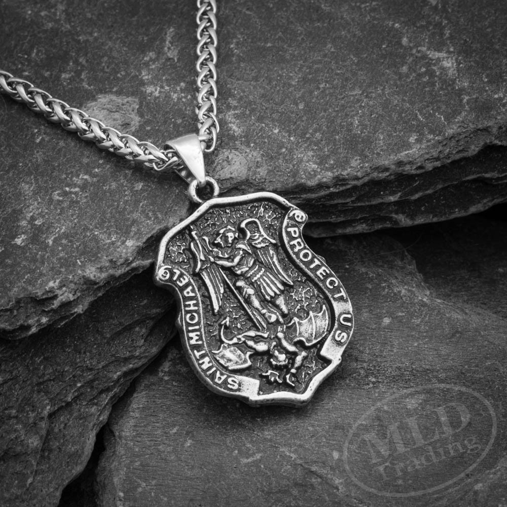 Archangel Saint St Michael Protect Us Medal Shield Pendant Necklace w 20" Chain