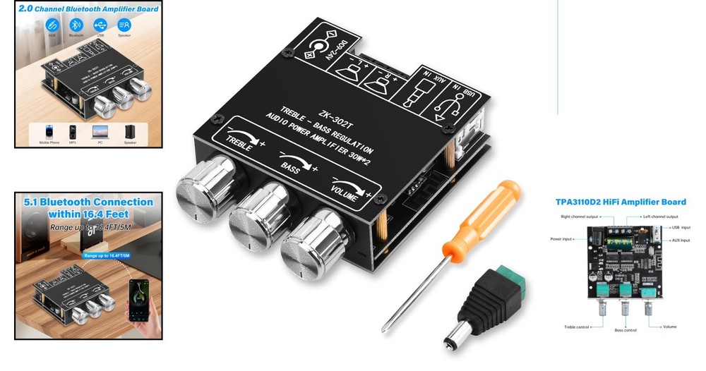 Wireless 60W Bluetooth Amplifier Board with Multiple Inputs for Easy Setup