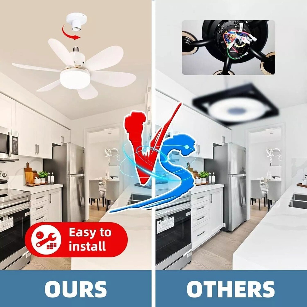 Ceiling Fan E27 Socket Fan 30W with Dimmable LED Light Remote Controller 3 Speed